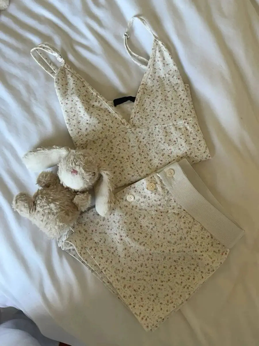 Strawberry Print Vest And Shorts Set For Women Eyelet Bow Tank Top