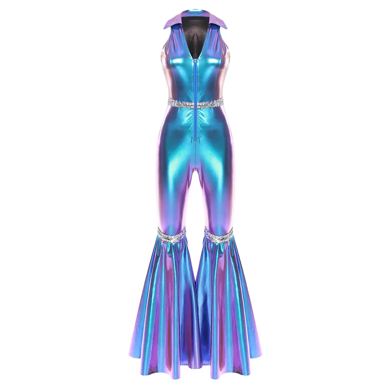 Jumpsuit Simples Market holographic disco design with V-neck, sleeveless, front zipper, rhinestone belt, bell-bottom legs.