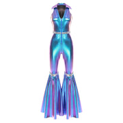 Jumpsuit Simples Market holographic disco design with V-neck, sleeveless, front zipper, rhinestone belt, bell-bottom legs.