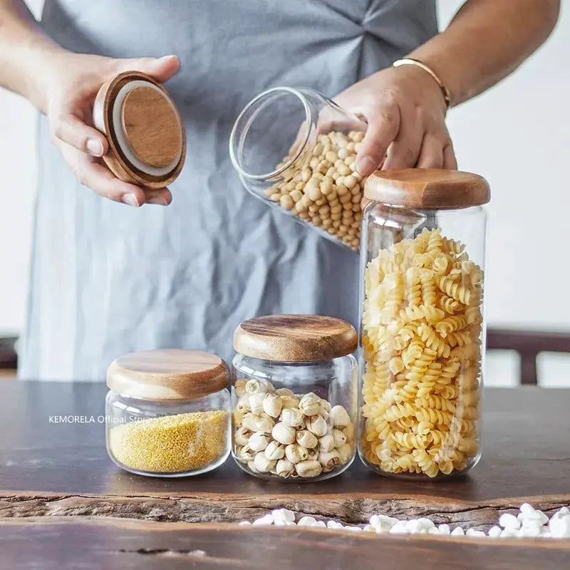 KEMORELA Transparent Glass Storage Jar With Acacia Wood Lid Round Tea Jar For Dried Fruit Snacks Kitchen Organization