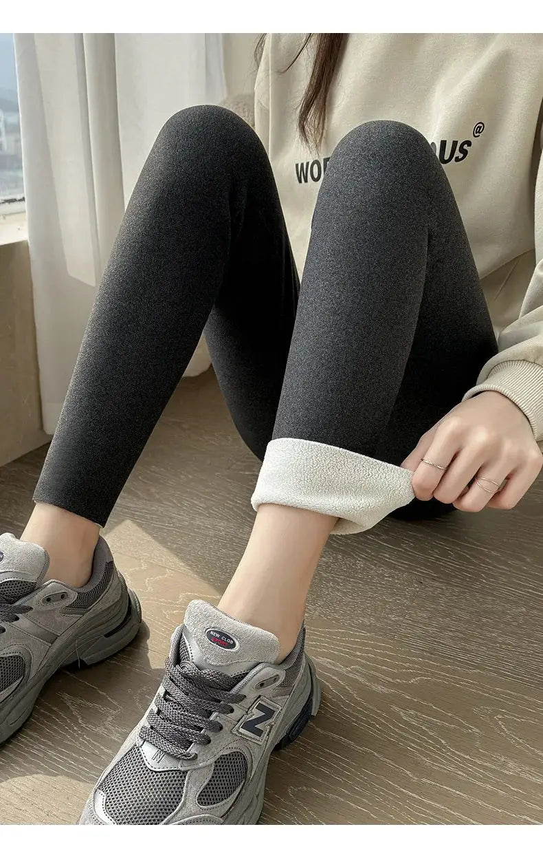 Simples Market Winter Cashmere Leggings for Women, black high-waist warm fleece-lined stretch pants