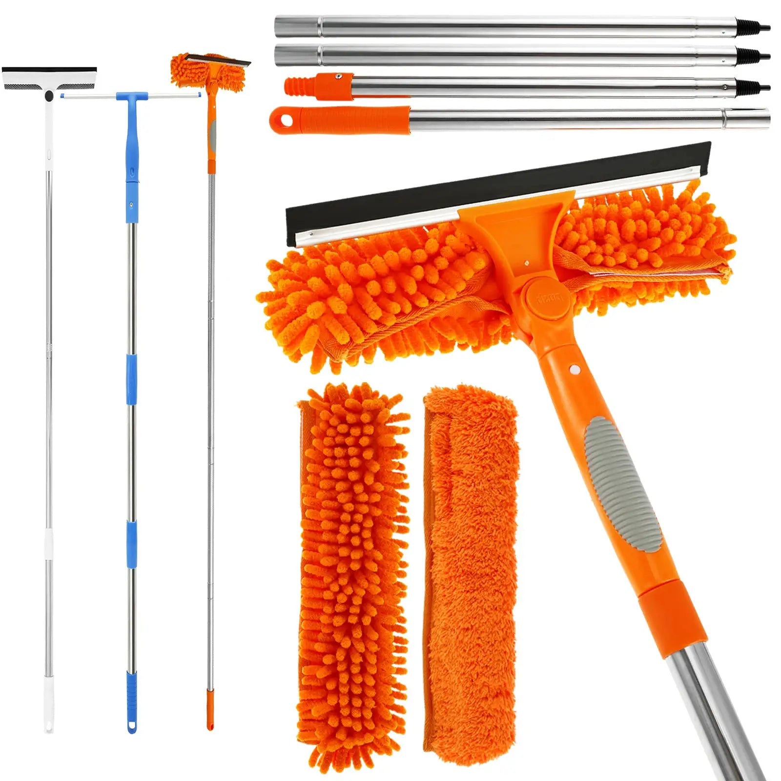 Simples Market extendable window cleaning set with orange microfiber heads, squeegee, and metal poles
