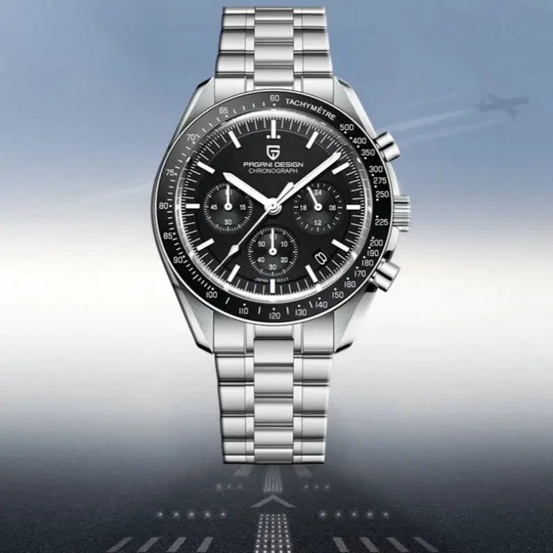 Pagani Design stainless steel chronograph watch with black dial, tachymeter bezel, and bracelet