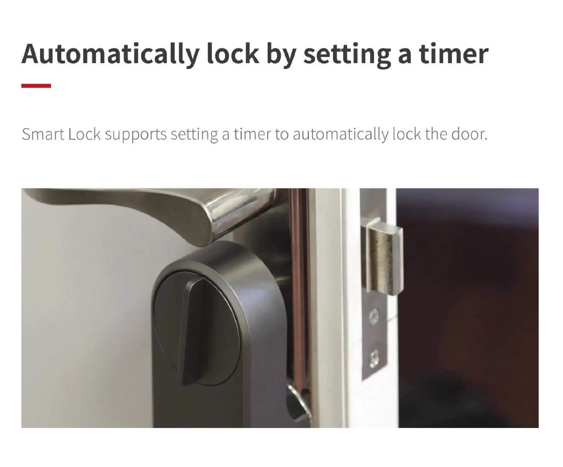 Smart door lock cylinder with silver lever-style handle on metal door
