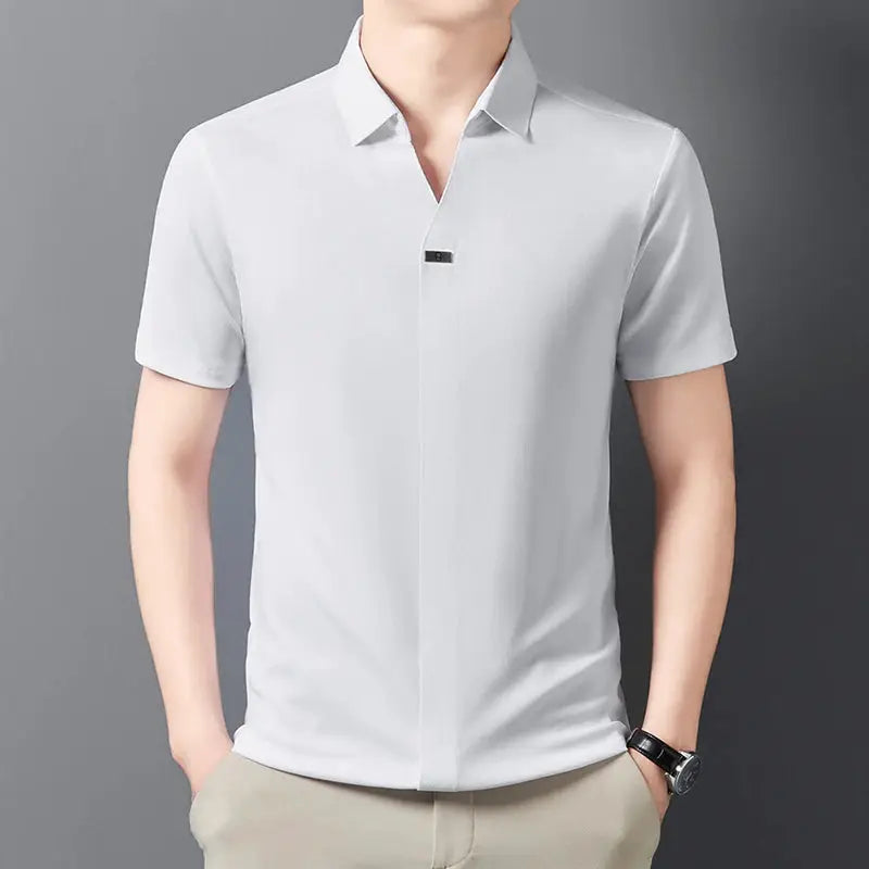 Men's polo shirt, light gray solid color, short-sleeve casual fashion.