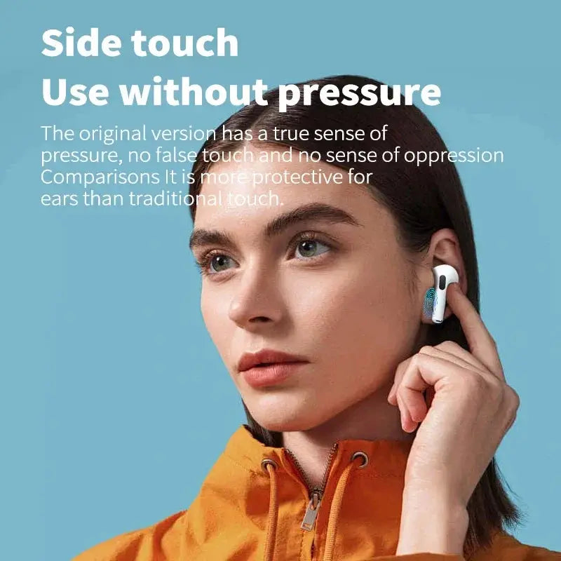 Air Pro wireless earphones; white TWS earbuds worn by a woman in an orange jacket