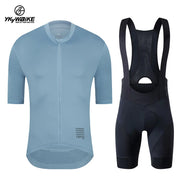 YKYWBIKE cycling jersey and bib shorts set; light-blue jersey with mesh sleeves and black bib shorts.