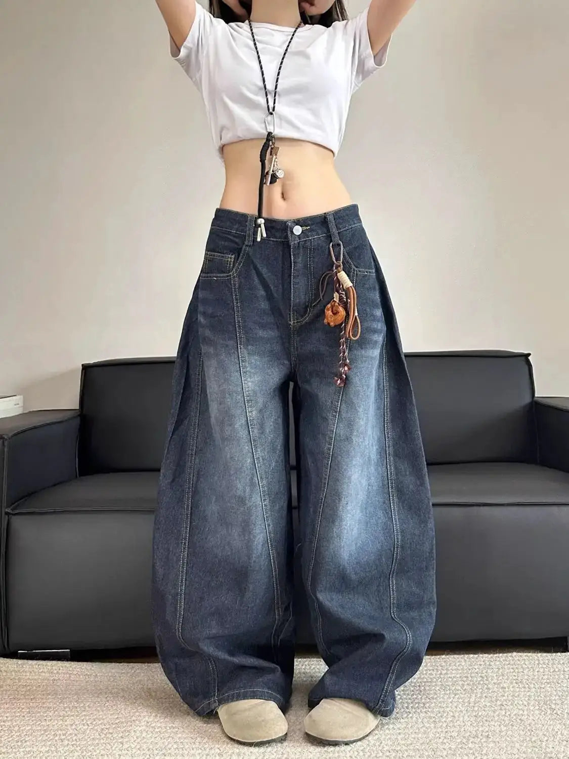 Embroidered Patchwork Denim Jeans for Women Washed Straight Loose Fit