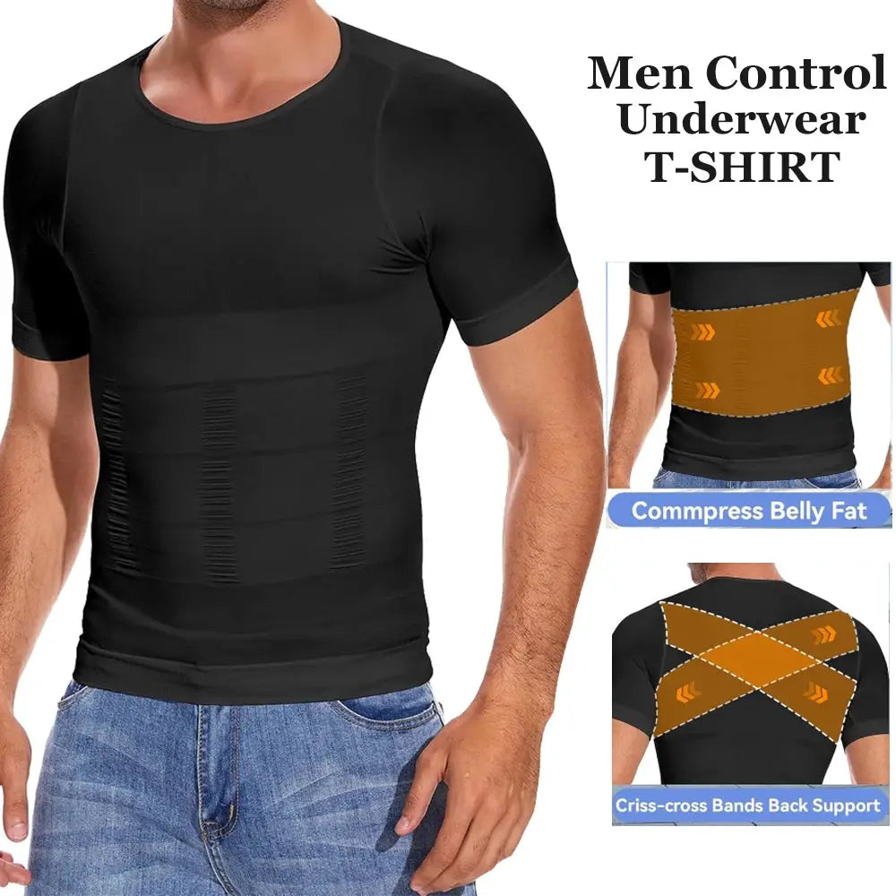 Men's short-sleeve compression T-shirt with tummy control, black by Simples Market