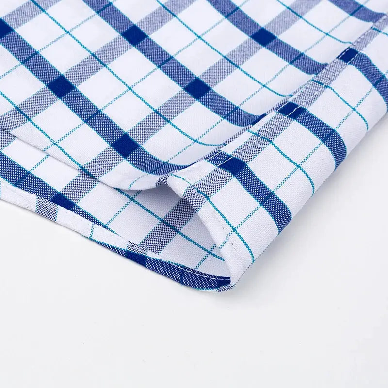 Simples Market men's 100% cotton oxford plaid shirt, long sleeve, blue and white