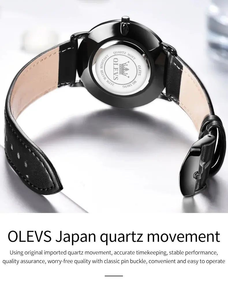 OLEVS men's 6.5mm ultra-thin quartz wristwatch with black leather strap.