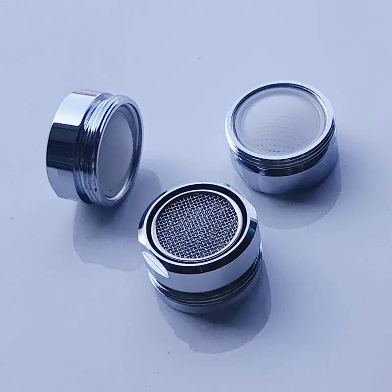 Brass faucet aerator replacement kit with replaceable filter mesh, 24mm thread; chrome finish, includes 3 parts