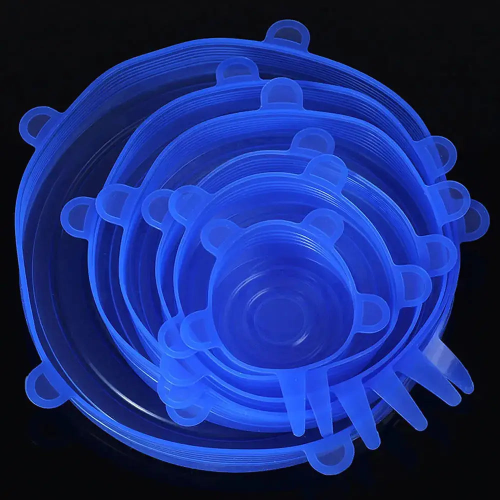 Blue silicone stretch lids set for bowls, pots and pans; reusable kitchen covers
