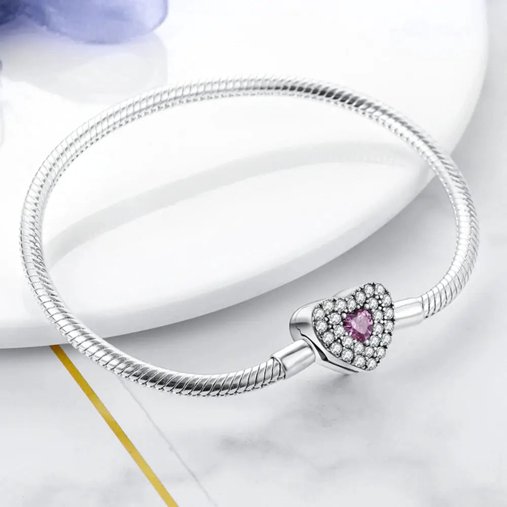 S925 Silver Plated Peach Heart Zircon Bracelet For Women Fit DIY Charms Beads Birthday Jewelry