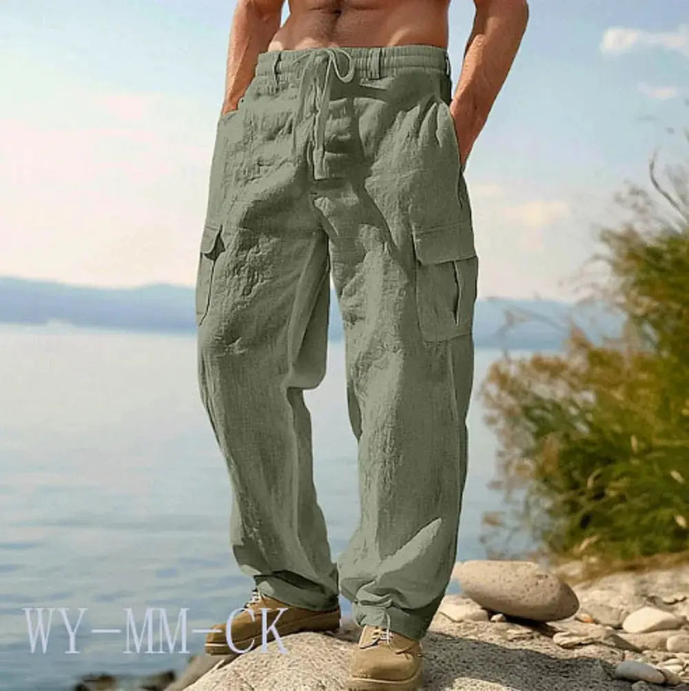 Men's cargo trousers in olive green cotton-linen blend with multiple pockets and a loose straight fit