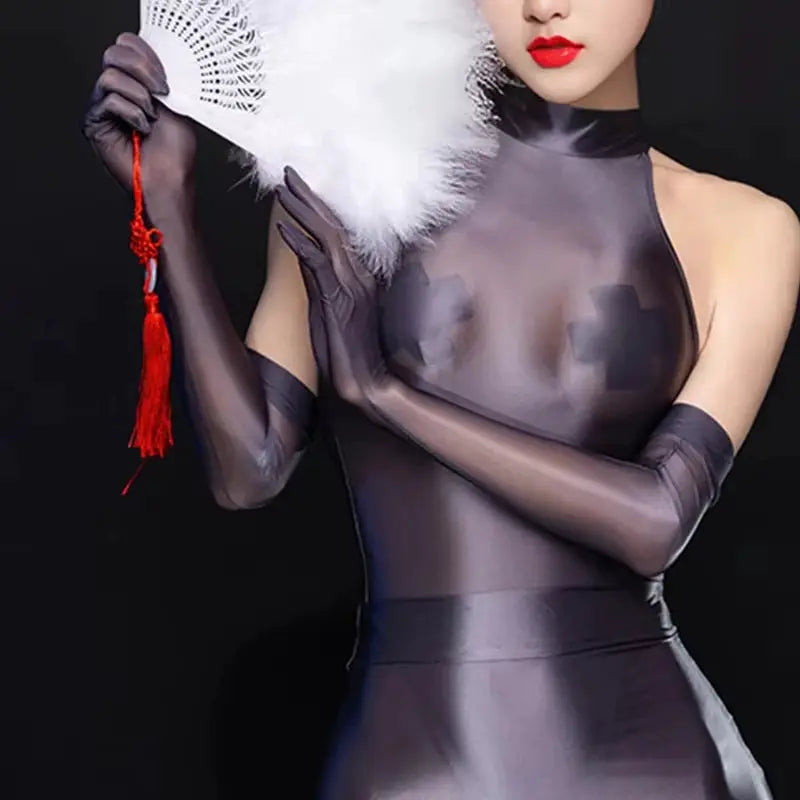 Oil Slick Shine Ultra Thin Women Elbow Length Transparent Glossy Gloves Elastic Fit Clubwear