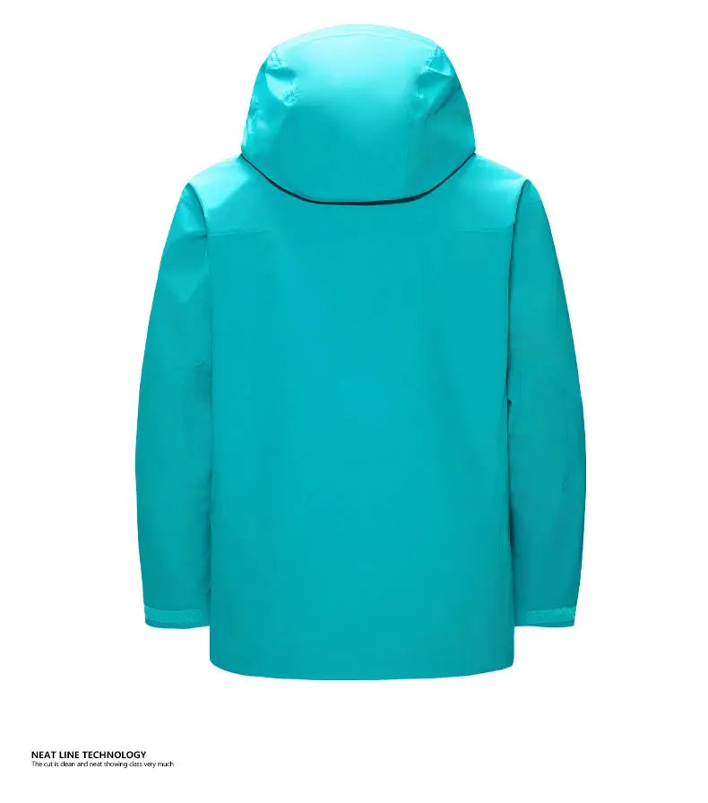 Teal men's hooded windproof jacket, back view, outdoor use