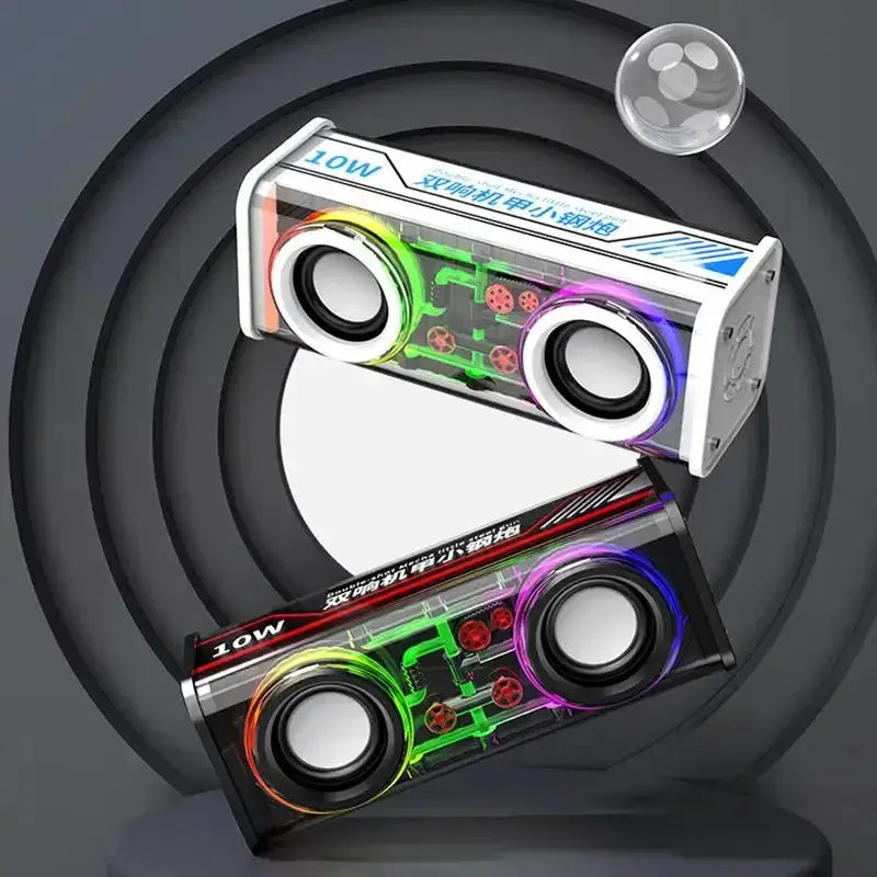 V8 transparent mecha speaker 2-pack with RGB LED rings, dual bass diaphragms, Bluetooth 5.0