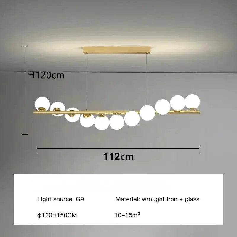 Nordic gold ceiling chandelier with white glass globes, 112 cm long, suspended by two cords