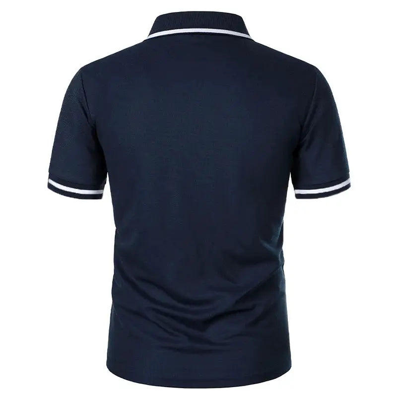 Men's polo shirt, navy blue with white striped collar and cuffs, short sleeves