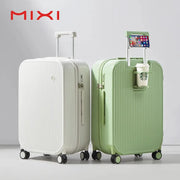 Mixi 2024 carry-on luggage by Simples Market; white and mint green hard-shell suitcases with cup holder and phone holder.