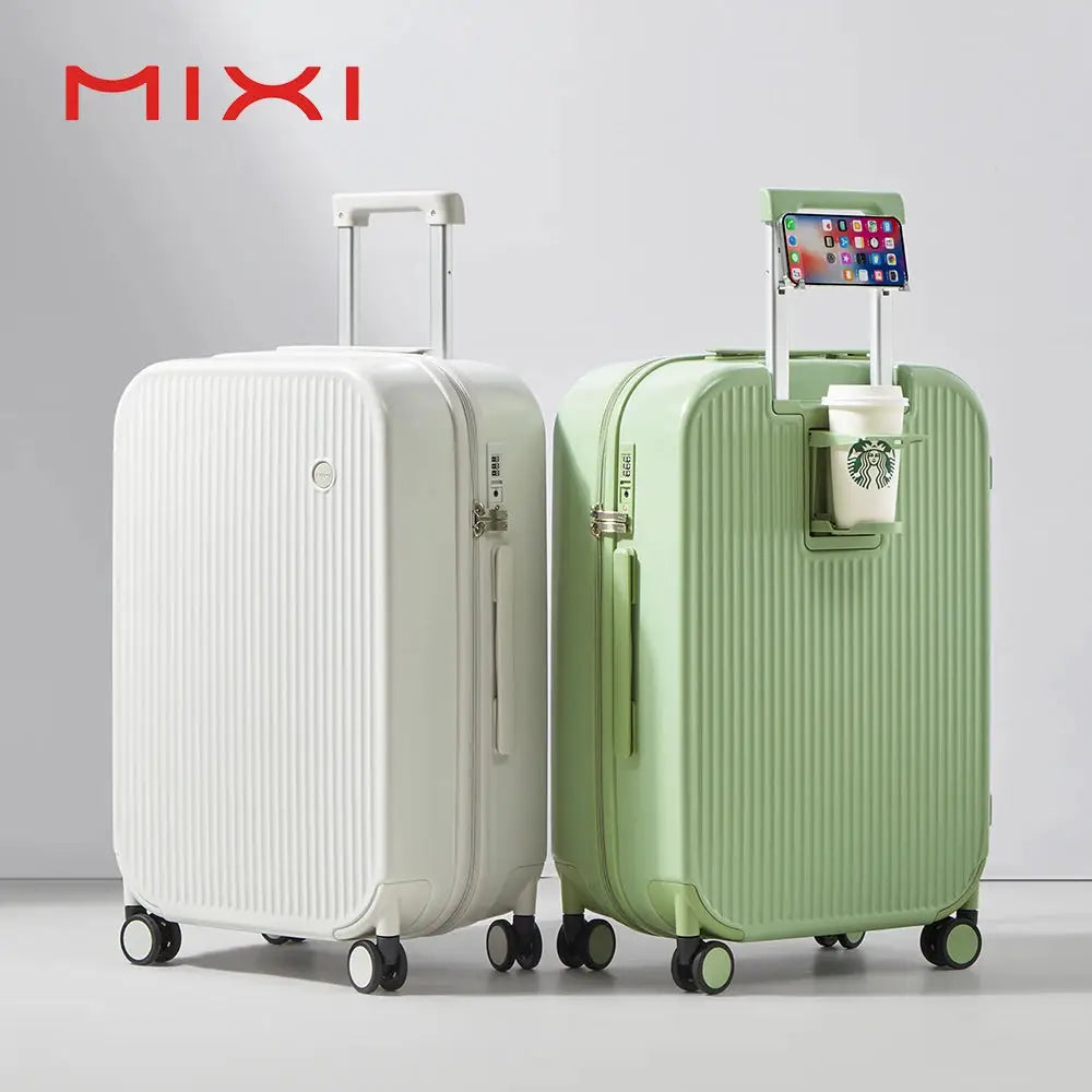 Mixi 2024 carry-on luggage by Simples Market; white and mint green hard-shell suitcases with cup holder and phone holder.