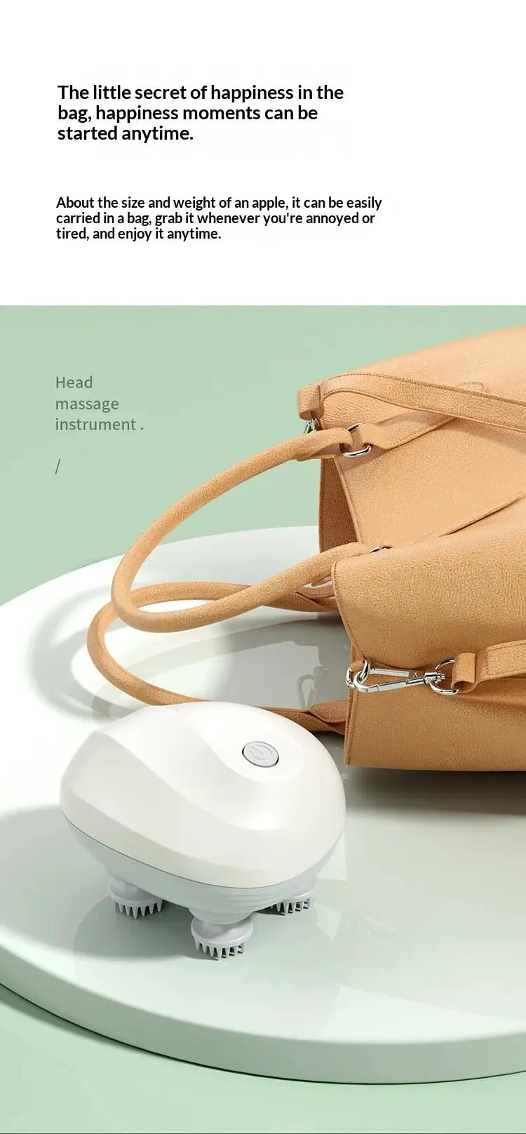 Simples Market deep scalp massager, white electric massager with rotating heads, shown with beige bag