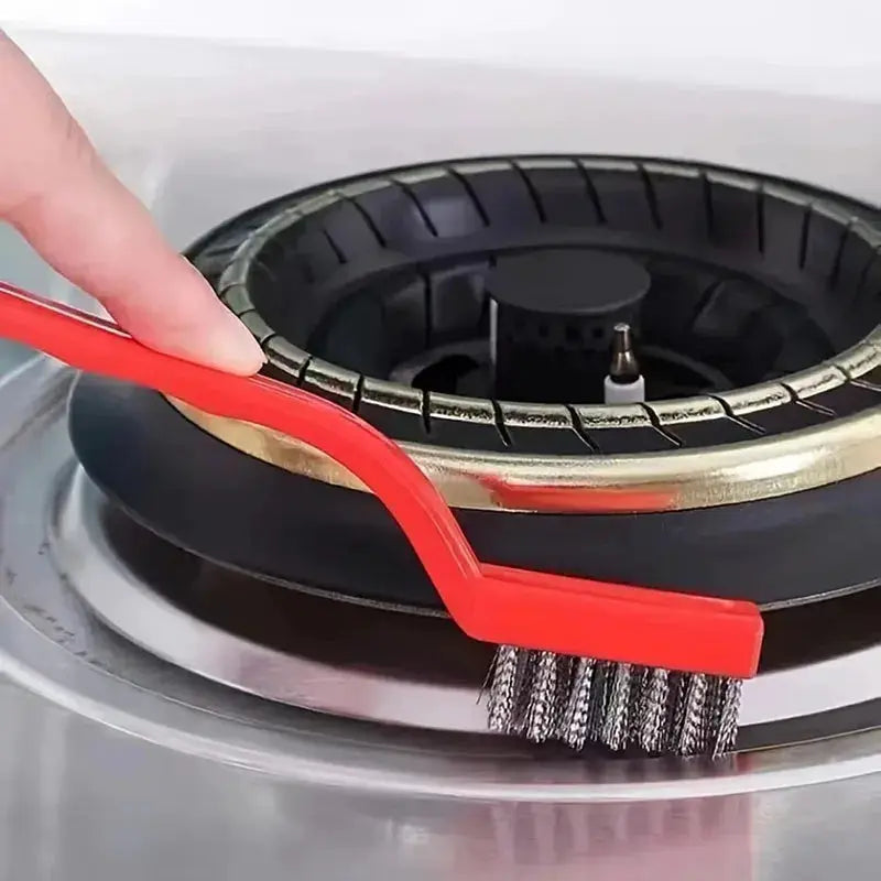 7-inch stainless steel wire brush with red handle and metal bristles for cleaning stove burners