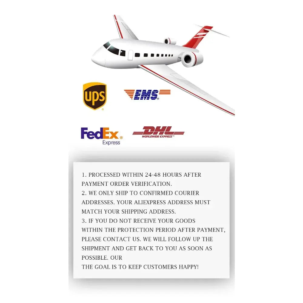 E27 natural wicker lampshade shipping image showing airplane with courier logos (UPS/FedEx/DHL/EMS) and a policy card.