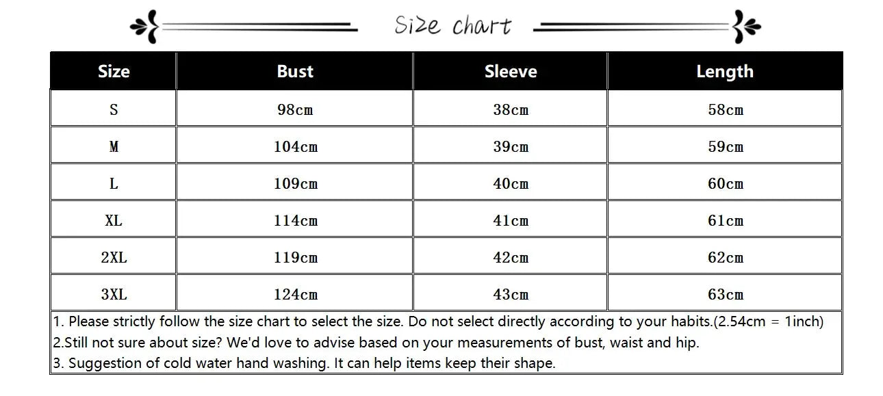 VEITCHE women’s shirt size chart with bust, sleeve and length measurements for sizes S–3XL (Simples Market).