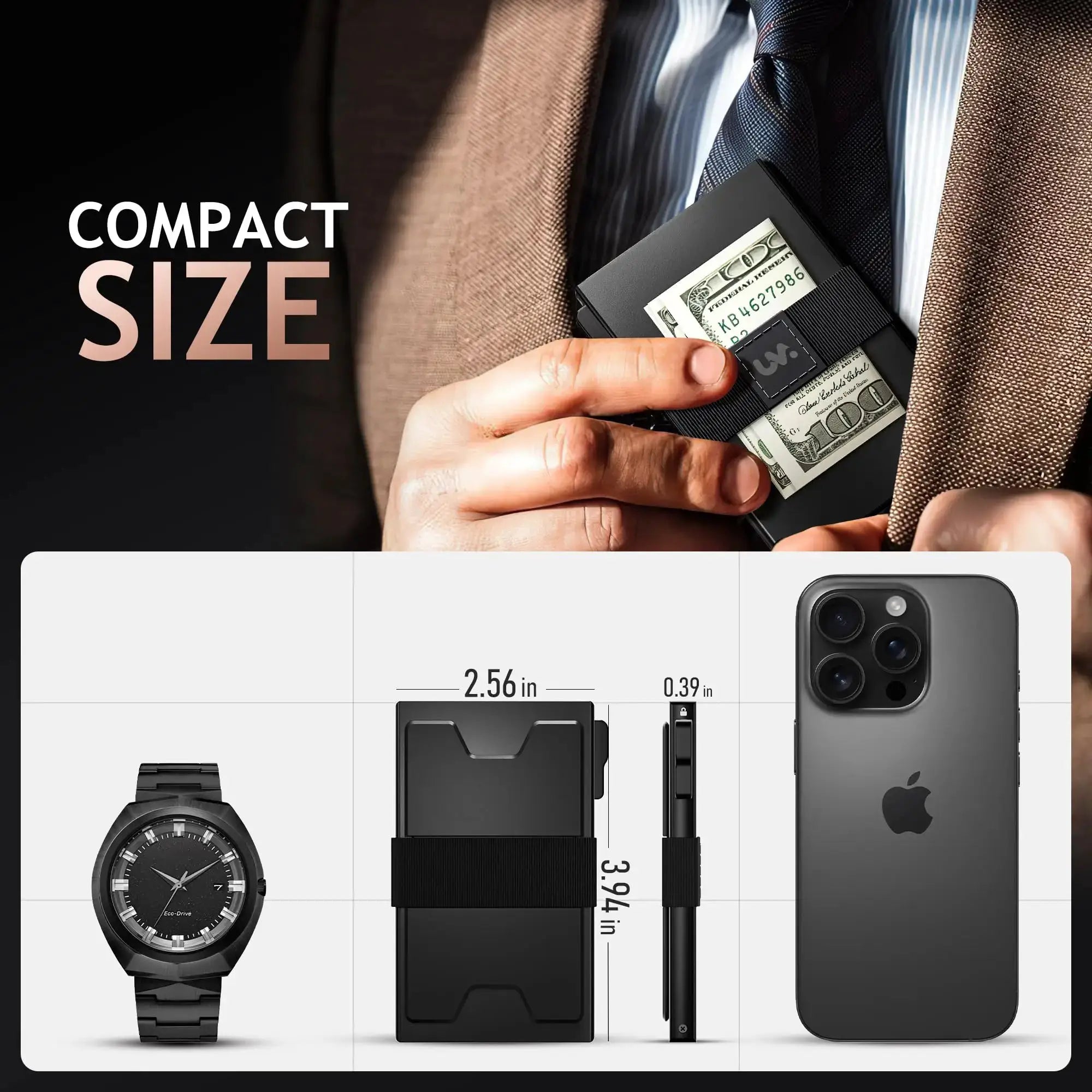 Slim metal card holder wallet with cash band and RFID blocking held in hand