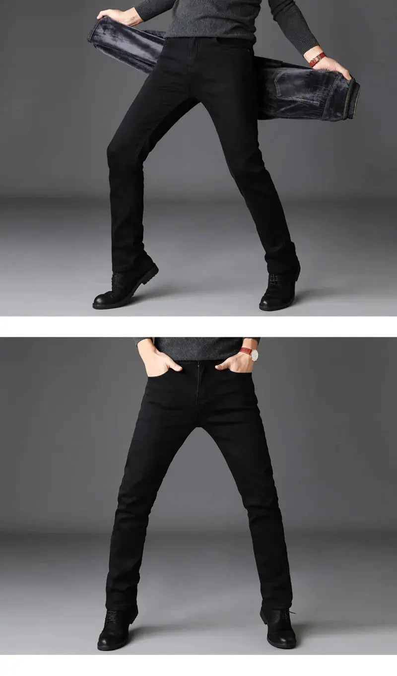 Men's black fleece-lined business casual trousers with slim fit