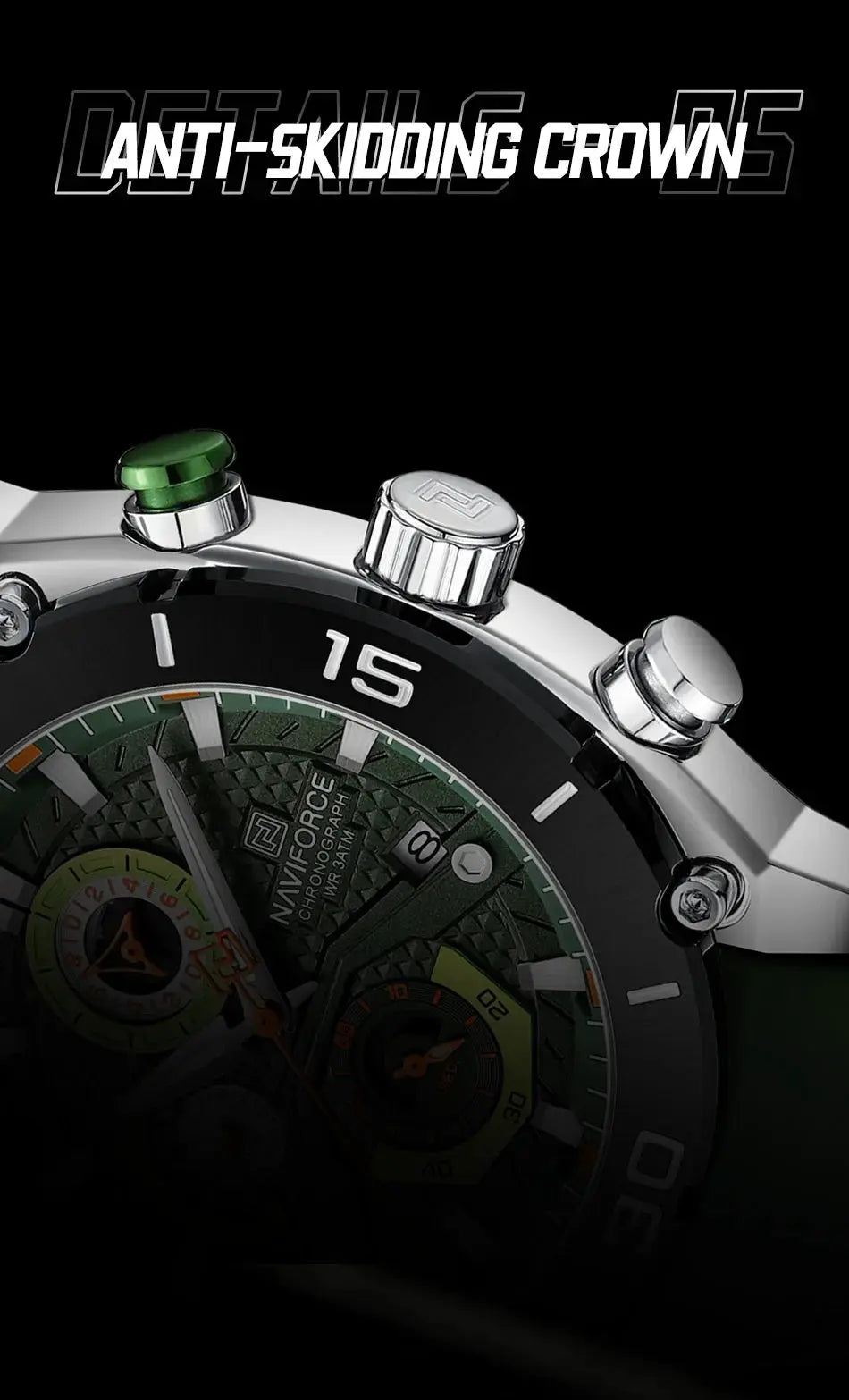 Naviforce men's sport chronograph watch with green dial and stainless steel case