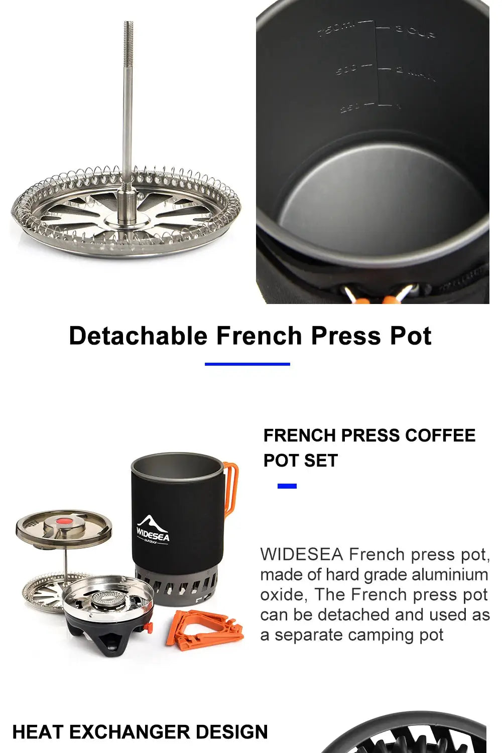 Widesea French press coffee pot set with heat exchanger; black pot with orange handle and stainless steel components