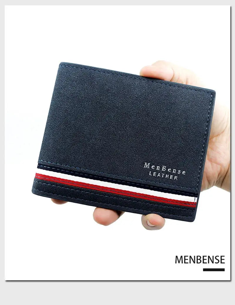 MenBense leather wallet in navy blue PU with red and white stripe accent