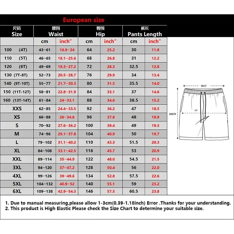 Simples Market men's board shorts with funny dinosaur-cat 3D print; beach swim trunks and European size chart.