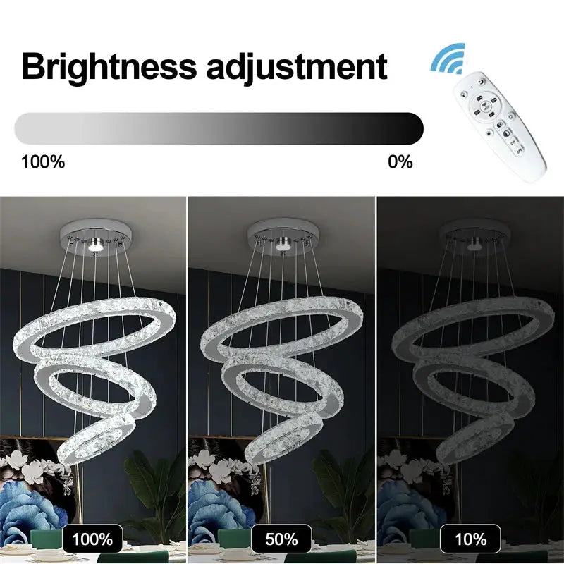 Simples Market modern three-ring crystal chandelier with chrome finish and remote; shown at 100%, 50%, 10% brightness