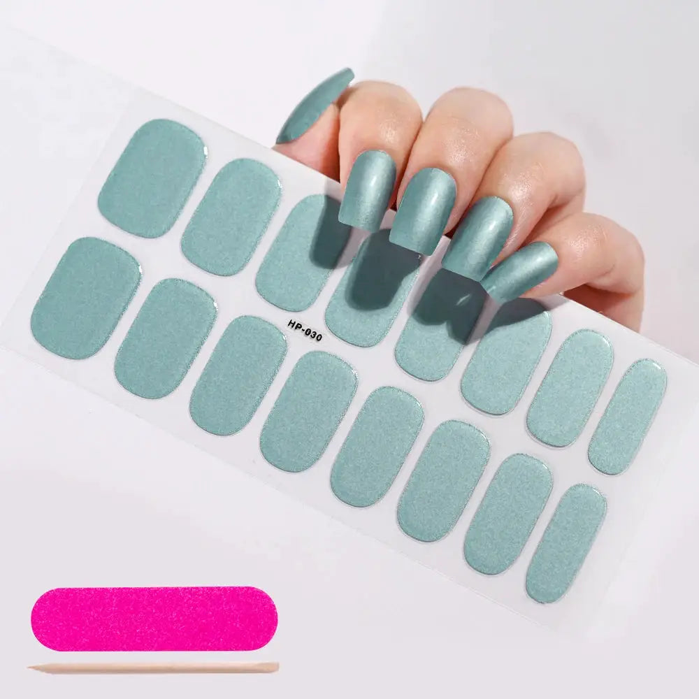 Gel nail wraps sheet in teal, full-cover adhesive decals for manicure