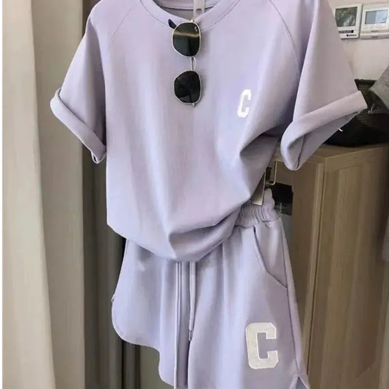 Women 2 Piece Summer Pajama Set Loose Short Sleeve T Shirt And Casual Shorts Sports Print Letter Design Large Size