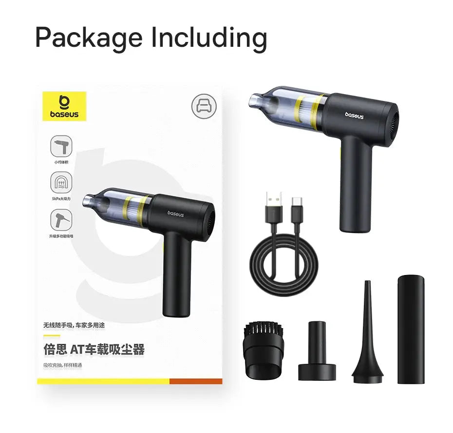 Baseus cordless car vacuum cleaner gun; black handheld with transparent canister and yellow accents.