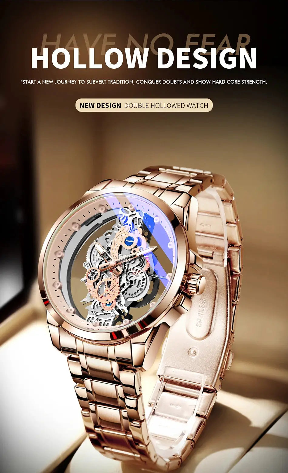 Men's rose-gold skeleton automatic wristwatch with stainless steel band