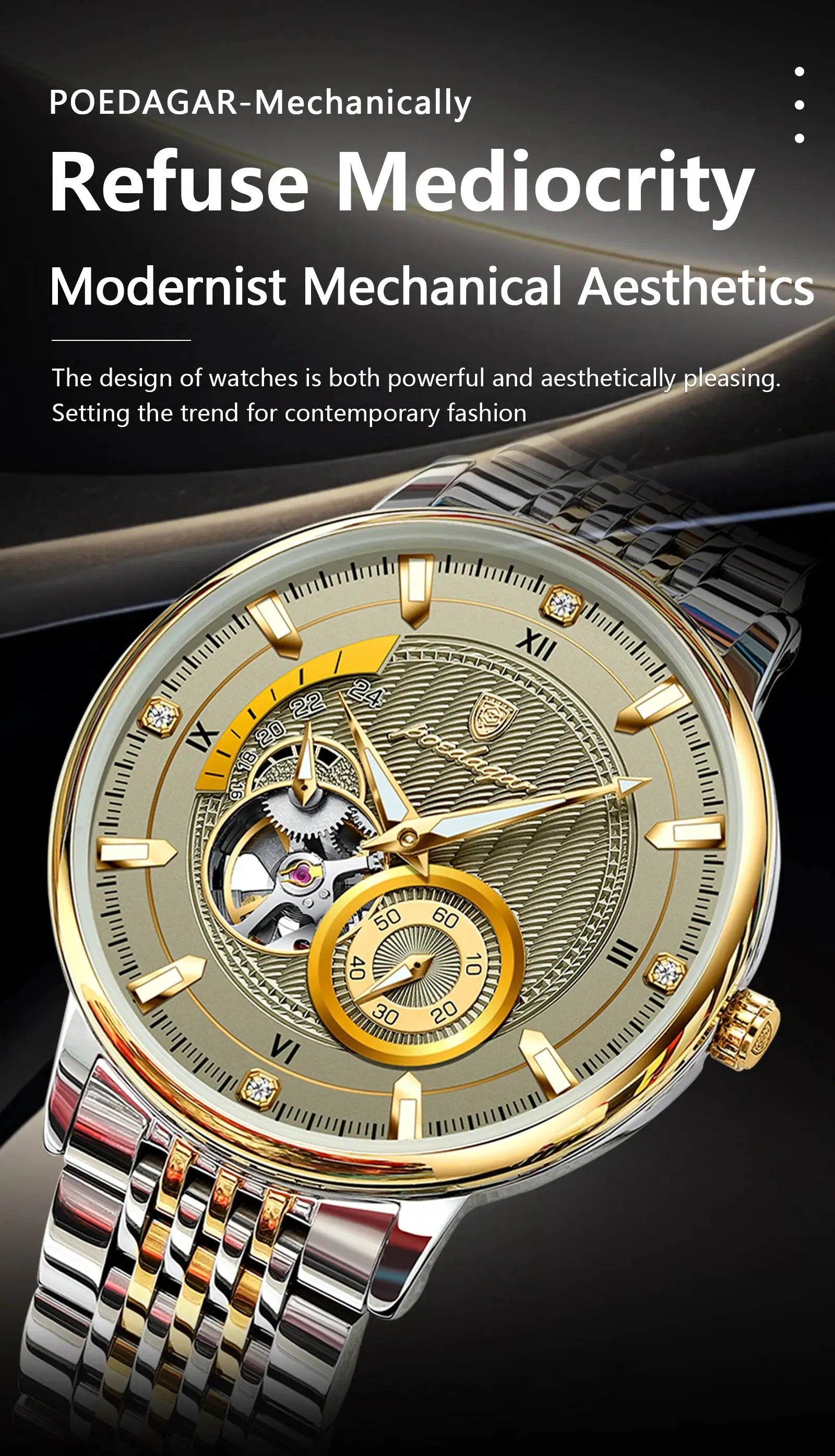 POEDAGAR luxury men's wristwatch with luminous hollow tourbillon and stainless steel two-tone bracelet