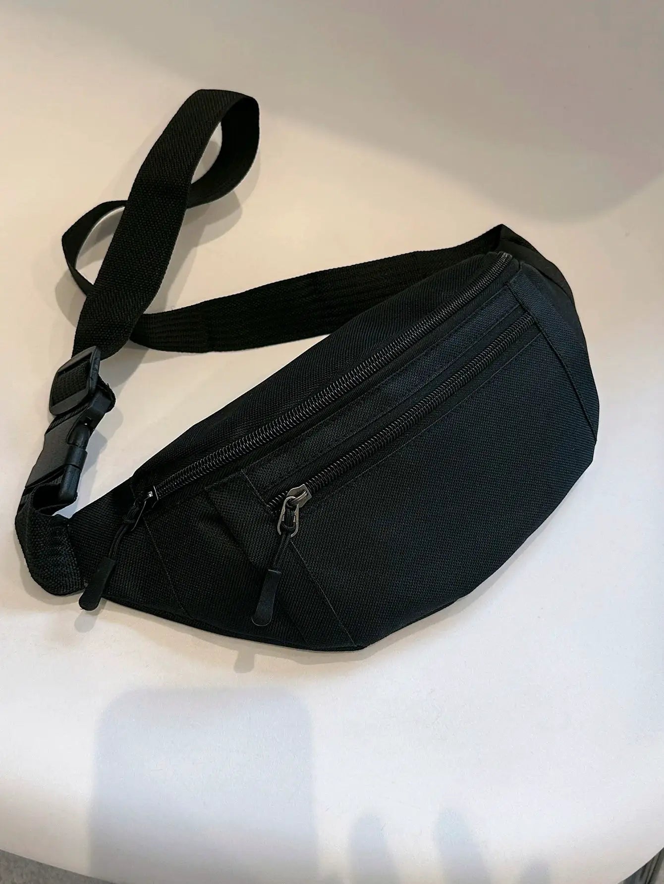 Fanny pack waist bag, black nylon with dual zipper pockets and adjustable strap
