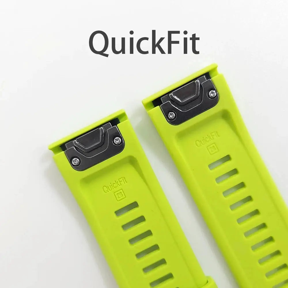 QuickFit silicone watch bands neon green, two-pack; 22/26mm for Garmin Epix Gen 2 and Fenix series.