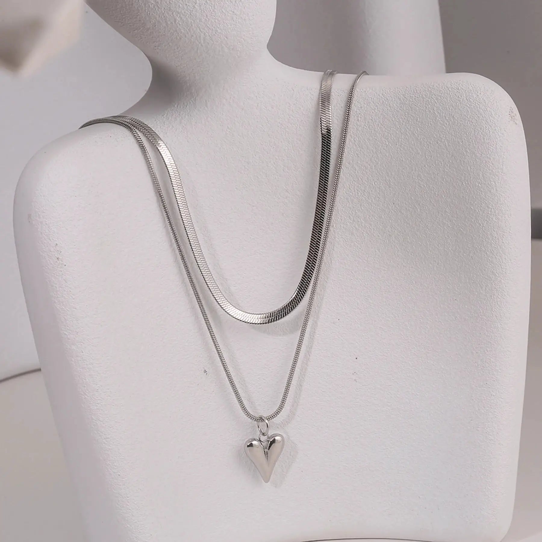 Seakissky Double Layer Stainless Steel Necklace With Love Heart Pendant Simple Stylish Gift For Women
