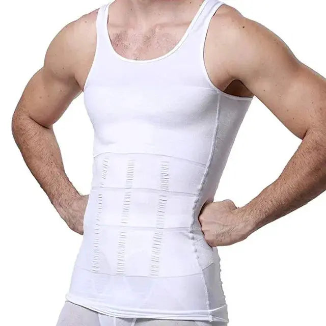 Men's white slimming vest bodysuit waist corset shapewear displayed on a male model