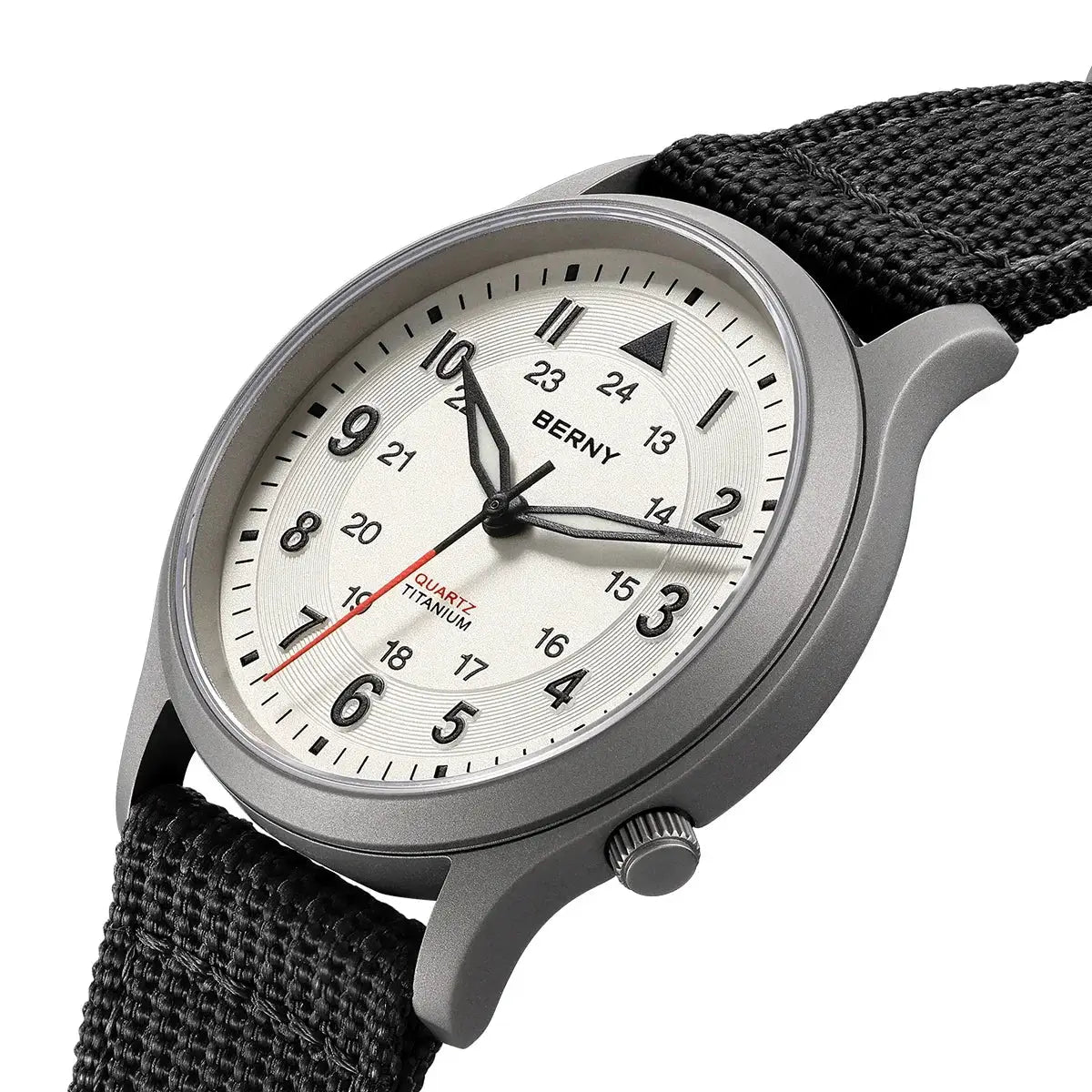 BERNY titanium men's field quartz watch with white dial, black numerals, and black fabric strap