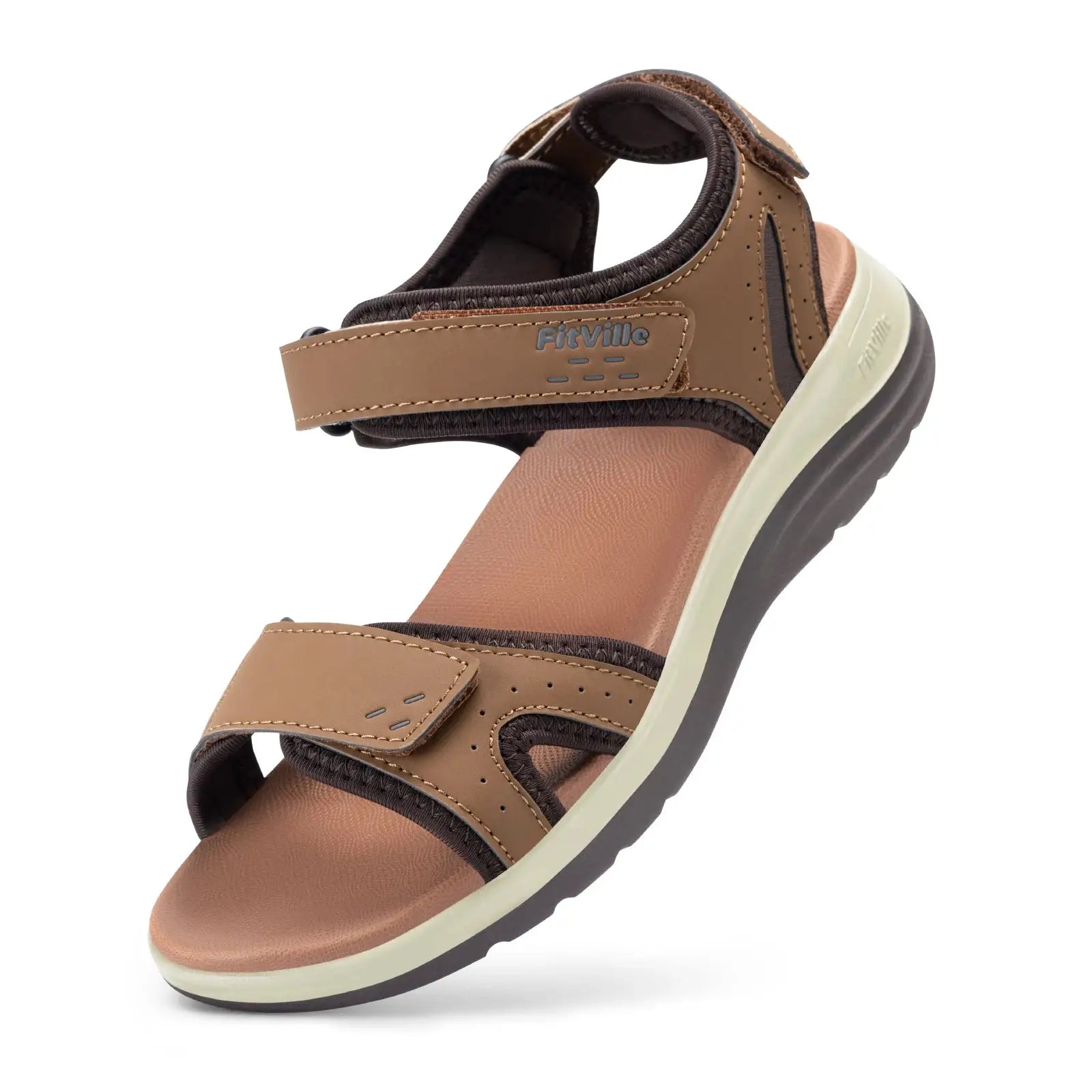 FitVille women's brown sandals with adjustable Velcro ankle strap, open toe, orthopedic arch support