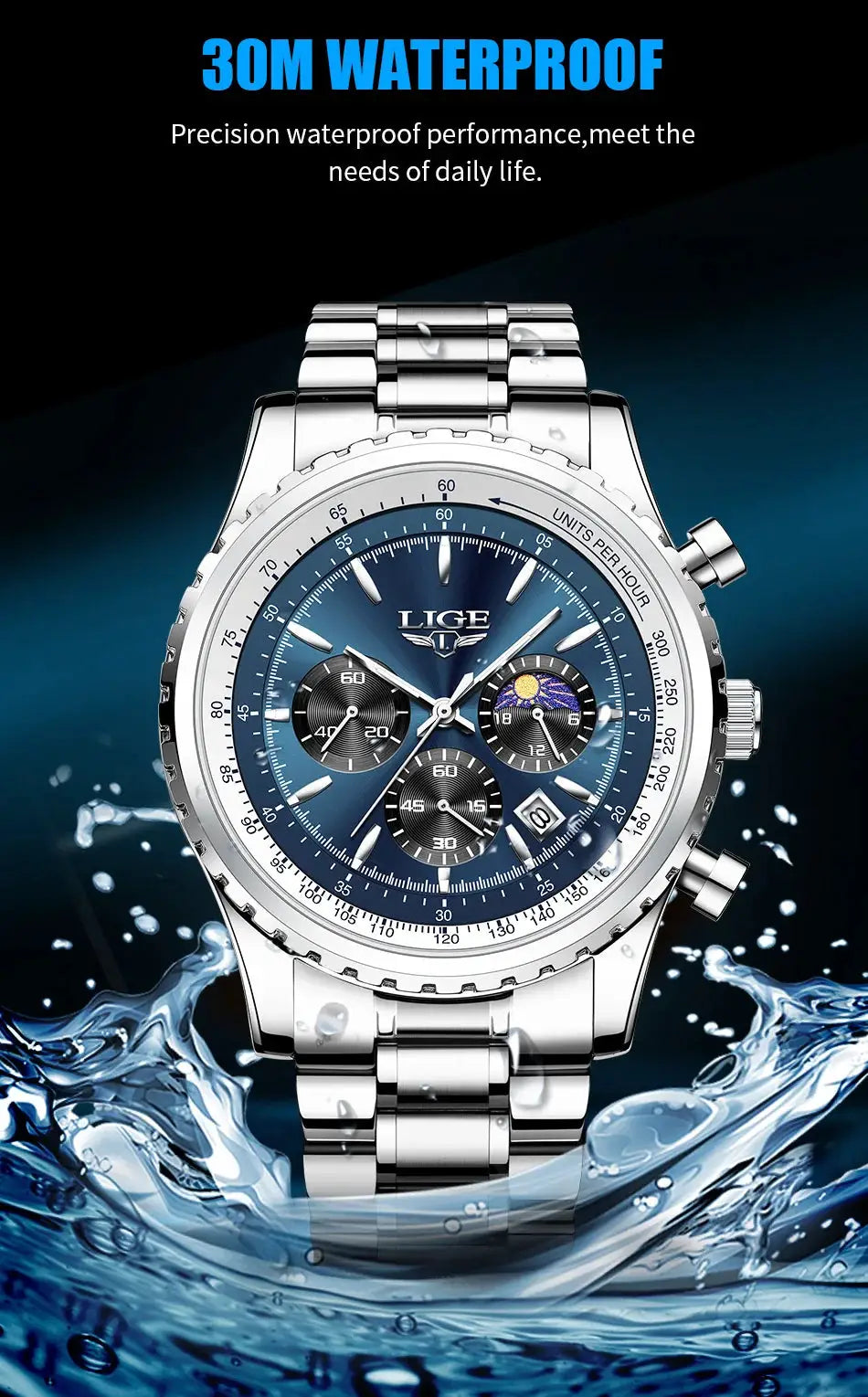Men's LIGE chronograph watch with blue dial, stainless steel case.