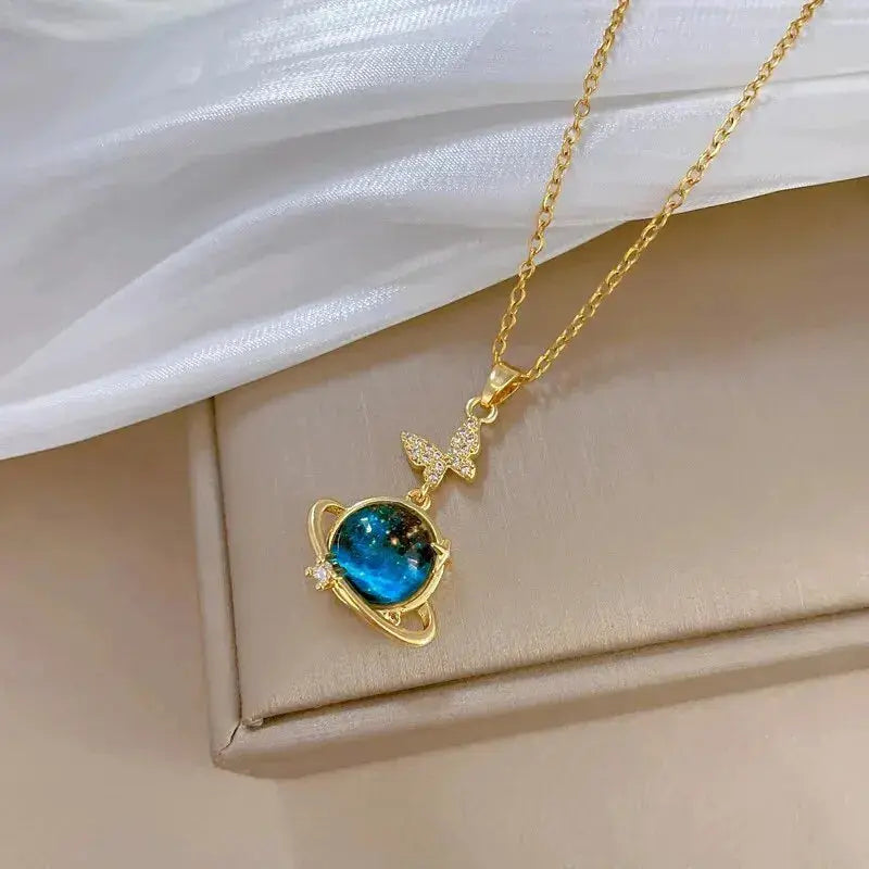 Light Luxury Titanium Steel Star Series Necklace For Women With Gold Planet Moon Astronaut Pendant Jewelry Gift